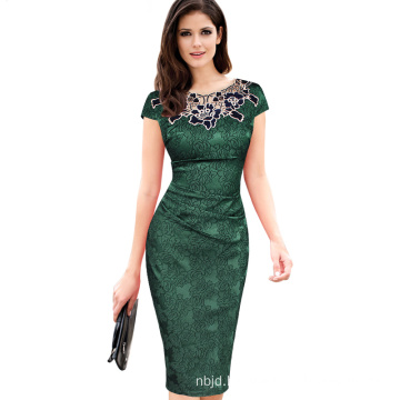 Woman Hollow out Embroidery Channeled Pencil Bodycon Dress Evening Party